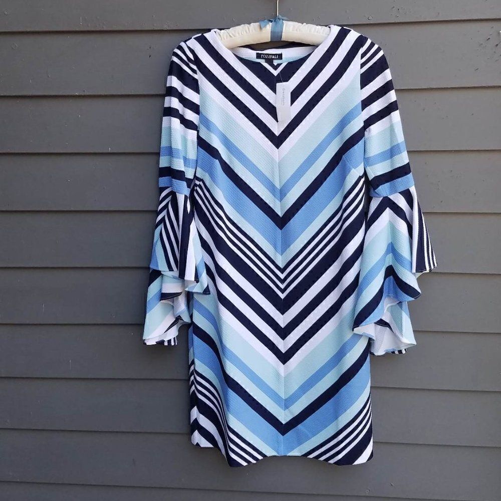 NWT Roz & Ali Blue White Strip Dress with Boho Sleeves  Size Small